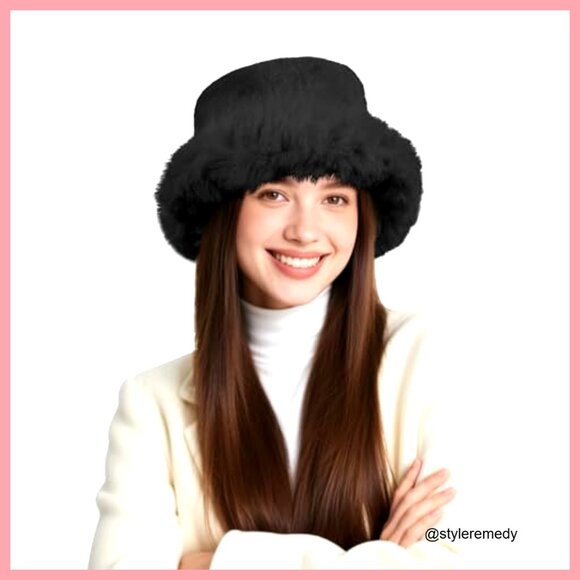 Faux Fur Bucket Hat Warm Winter Fisherman Cap Adjustable Drawstring main image 7